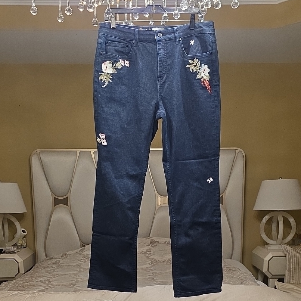 Kate Spade Navy Floral Embroidered Straight Leg Jeans Size 31